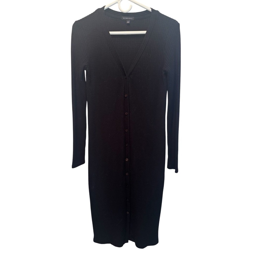 Beyond Yoga Womens Black Waffle Knit Button Front Long Duster Cardigan Dress S